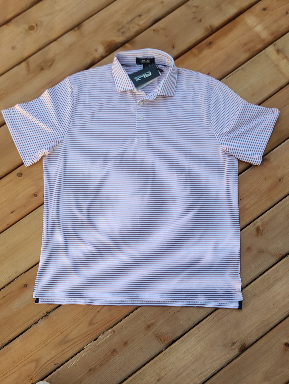 NWT RLX Ralph Lauren Men's orange, black and White Striped Performance Polo Size